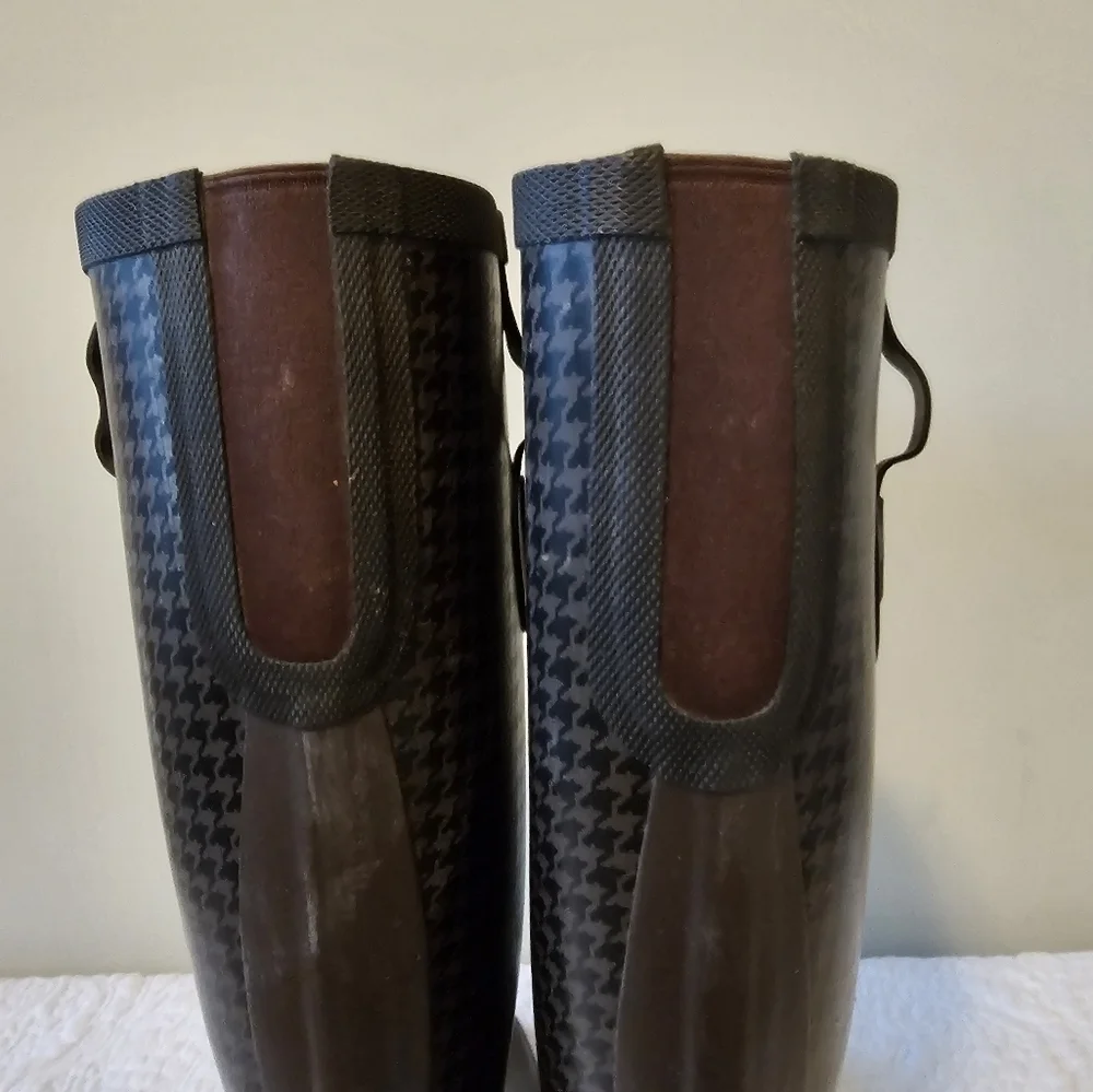 LL BEAN Wellie Tall, Black & Brown Houndstooth, Waterproof Rain Boots 9.5/10